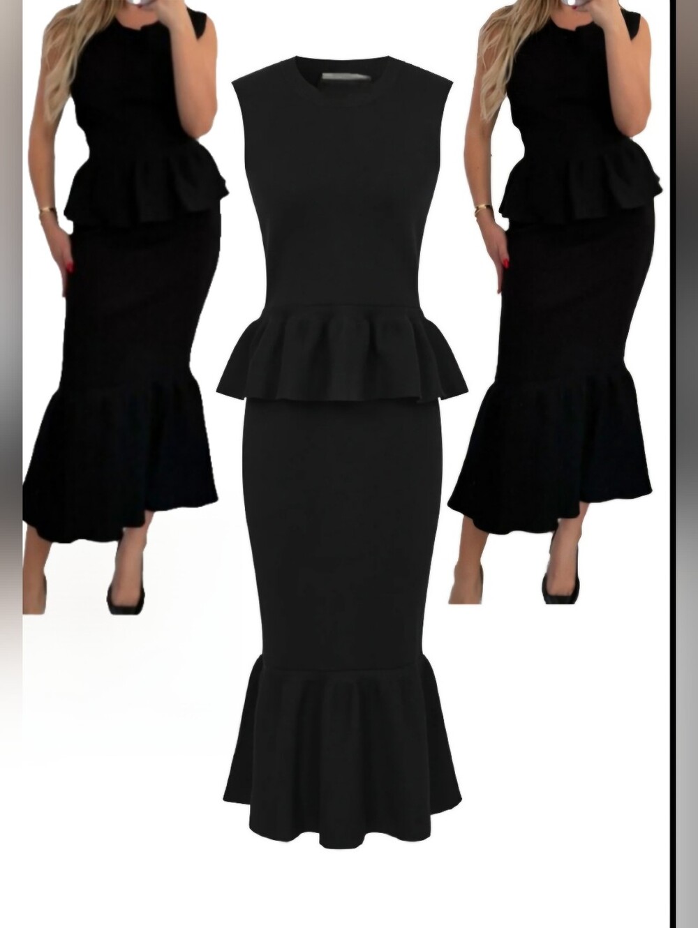 #105189 🛑S,M,L HIGH END Bloomform Knit Sleeveless Peplum Top & Midi Skirt Set